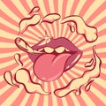 Pop art retro lips with roll-up cigarette and clouds of smoke, vector illustration, vintage banner in red tone