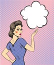 Pop art retro style woman point hand sign with speech bubble. Comic design vector illustration