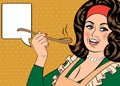 Pop Art Retro Woman With Apron Tasting Her Food