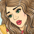 Pop art retro worried woman watching on the smartphone, comic book illustration of sad woman