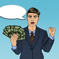 Pop Art Rich Businessman Holding Money Dollar Banknotes with Comic Speech Bubble Royalty Free Stock Photo