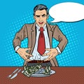 Pop Art Rich Greedy Businessman Eating Money on the Plate Royalty Free Stock Photo