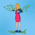 Pop Art Rich Woman Throwing Dollar Banknotes