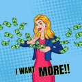 Pop Art Rich Woman Throwing Dollar Banknotes