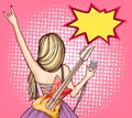 Pop art rockstar girl with guitar and microphone