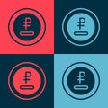 Pop art Rouble, ruble currency coin icon isolated on color background. Russian symbol. Vector