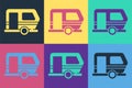 Pop art Rv Camping trailer icon isolated on color background. Travel mobile home, caravan, home camper for travel