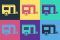 Pop art Rv Camping trailer icon isolated on color background. Travel mobile home, caravan, home camper for travel