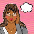 Pop art sad african american businesswoman in glasses holding her head portrait in retro comic style