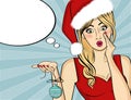 Pop art Santa girl. Pin up Santa girl. Santa Girl with speech bu