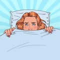 Pop Art Scared Young Woman Hiding in Bed. Afraid Girl Under the Blanket Royalty Free Stock Photo