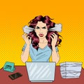 Pop Art Screaming Angry Business Woman with Laptop at Office Work Royalty Free Stock Photo