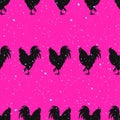 Pop art seamless pattern with dots acid and rooster silhouette seamless pattern on pink background. Vector Royalty Free Stock Photo