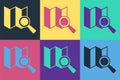 Pop art Search location icon isolated on color background. Magnifying glass with pointer sign. Vector