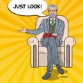 Pop Art Senior Businessman Sitting in Chair and Pointing