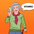 Pop Art Senior Happy Woman with Pills. Health Care