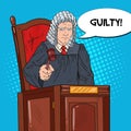 Pop Art Senior Judge in Courthouse Striking the Gavel. Law and Judical System