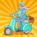 Pop Art Senior Woman Riding Scooter. Lady Biker