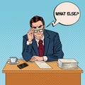 Pop Art Serious Businessman with Eyeglasses at Multitasking Office Work Royalty Free Stock Photo