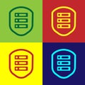 Pop art Server with shield icon isolated on color background. Protection against attacks. Network firewall, router