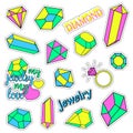 Pop art set with fashion patch badges and different diamonds, jewelry. Stickers, pins, patches, quirky, handwritten Royalty Free Stock Photo