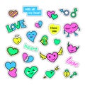 Pop art set with fashion patch badges and different hearts. Stickers, pins, patches, quirky, handwritten notes