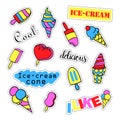 Pop art set with fashion patch badges and different ice creams. Stickers, pins, patches, quirky, handwritten notes Royalty Free Stock Photo