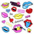 Pop art set with fashion patch badges and different lips. Stickers, pins, patches, quirky, handwritten notes collection Royalty Free Stock Photo