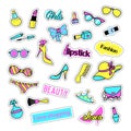 Pop art set with fashion patch badges and girls elements. Stickers, pins, patches, quirky, handwritten notes collection