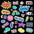 Pop art set with fashion patch badges. Stickers, pins, patches, quirky, handwritten notes collection. 80s-90s style Royalty Free Stock Photo