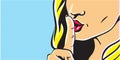 Pop art shhh woman, woman with finger on lips, silence gesture, pop art woman banner, shut up Royalty Free Stock Photo