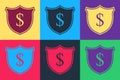 Pop art Shield and dollar icon isolated on color background. Security shield protection. Money security concept. Vector Royalty Free Stock Photo