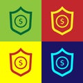 Pop art Shield with dollar symbol icon isolated on color background. Security shield protection. Money security concept Royalty Free Stock Photo