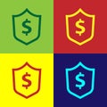 Pop art Shield with dollar symbol icon isolated on color background. Security shield protection. Money security concept Royalty Free Stock Photo