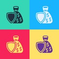 Pop art Shield and money bag with dollar symbol icon isolated on color background. Security shield protection. Money Royalty Free Stock Photo