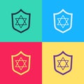 Pop art Shield with Star of David icon isolated on color background. Jewish religion symbol. Symbol of Israel. Vector Royalty Free Stock Photo