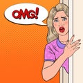 Pop Art Shocked Woman Peeking From Behind a Door. Surprised Girl Royalty Free Stock Photo