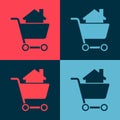 Pop art Shopping cart with house icon isolated on color background. Buy house concept. Home loan concept, rent, buying a Royalty Free Stock Photo