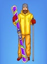 Pop art skier man vector sketch illustration of hipster adult boy bearded holding skies in winter skiing uniform