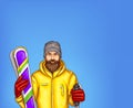 Pop art skier man vector sketch illustration of hipster adult boy bearded in skiing jacket with skies