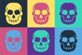 Pop art Skull icon isolated on color background. Happy Halloween party. Vector Royalty Free Stock Photo