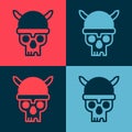 Pop art Skull with viking helmet icon isolated on color background. Happy Halloween party. Vector Royalty Free Stock Photo