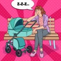 Pop Art Sleepless Young Mother with Baby Stroller