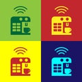 Pop art Smart coffee machine system icon isolated on color background. Internet of things concept with wireless Royalty Free Stock Photo