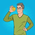 Pop Art Smart Man Holding Golden Bitcoin. Virtual Crypto Currency