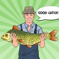 Pop Art Smiling Fisherman with Big Fish. Good Catch