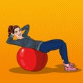 Pop Art Smiling Fit Woman Exercising on Fitness Ball in Gym Royalty Free Stock Photo