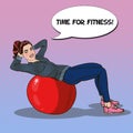 Pop Art Smiling Fit Woman Exercising on Fitness Ball in Gym Royalty Free Stock Photo