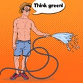 Pop Art Smiling Man Watering with Garden Hose