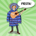 Pop Art Smiling Mariachi in Poncho and Sombrero with Guitar Royalty Free Stock Photo